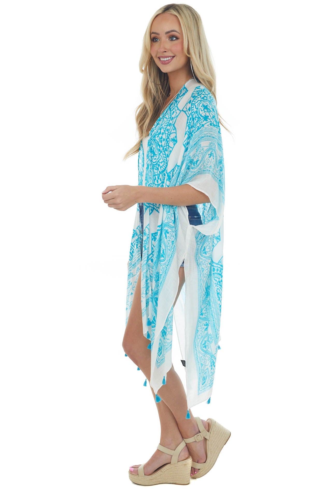 Azure Mandala Printed Kimono with Tassels