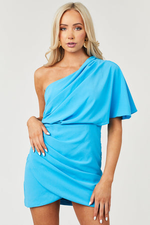 Azure One Shoulder Ruched Side Woven Mini Dress