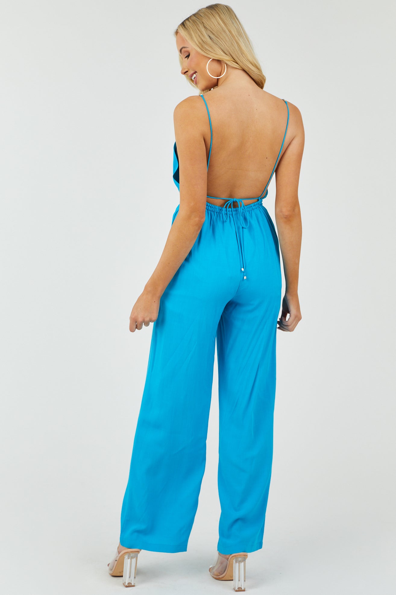 Azure Open Tie Back Wide Leg Woven Jumpsuit