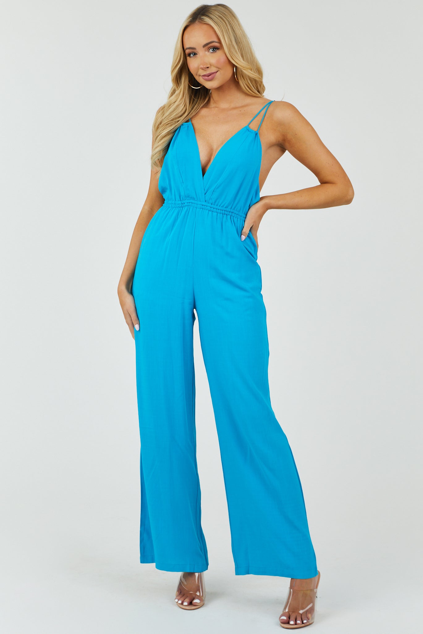 Azure Open Tie Back Wide Leg Woven Jumpsuit