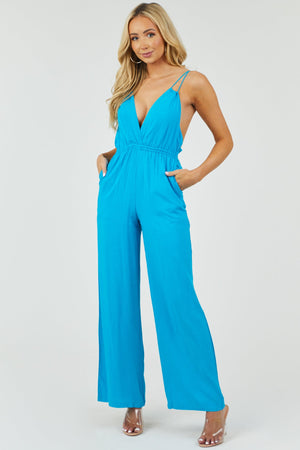 Azure Open Tie Back Wide Leg Woven Jumpsuit