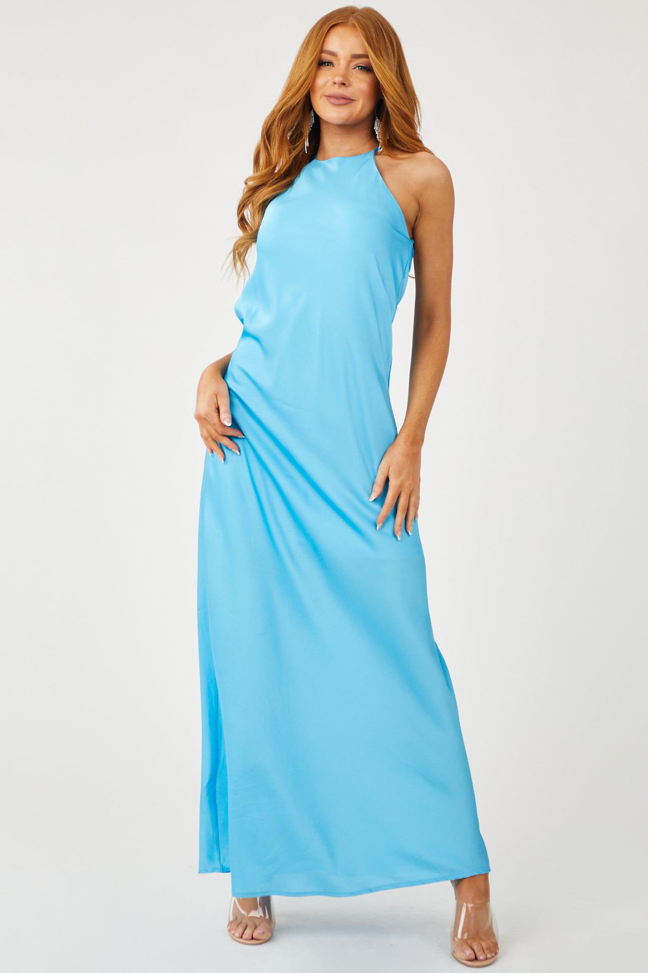 Azure Satin Halter Neckline Woven Maxi Dress