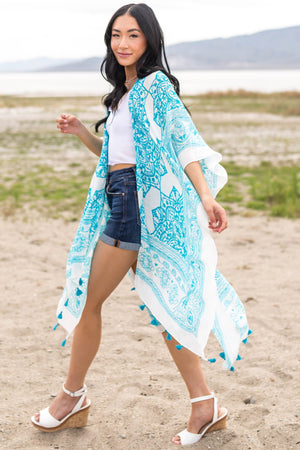 Azure Mandala Printed Kimono with Tassels