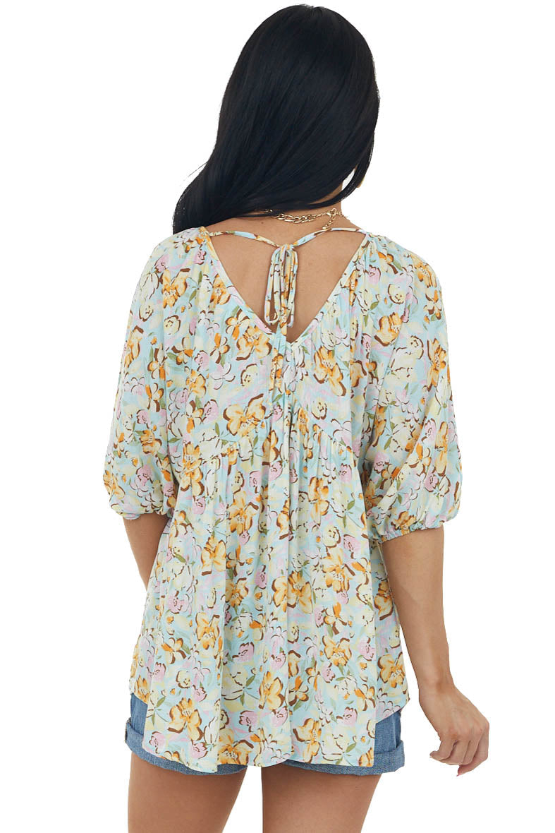 Baby Blue Floral Print V Neck Empire Waist Top