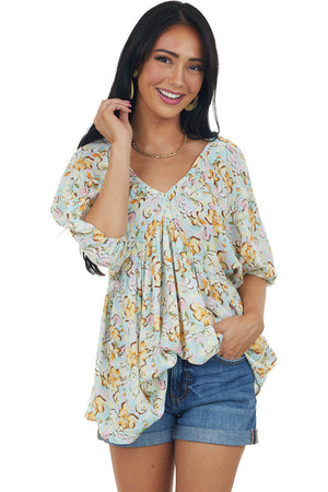 Baby Blue Floral Print V Neck Empire Waist Top