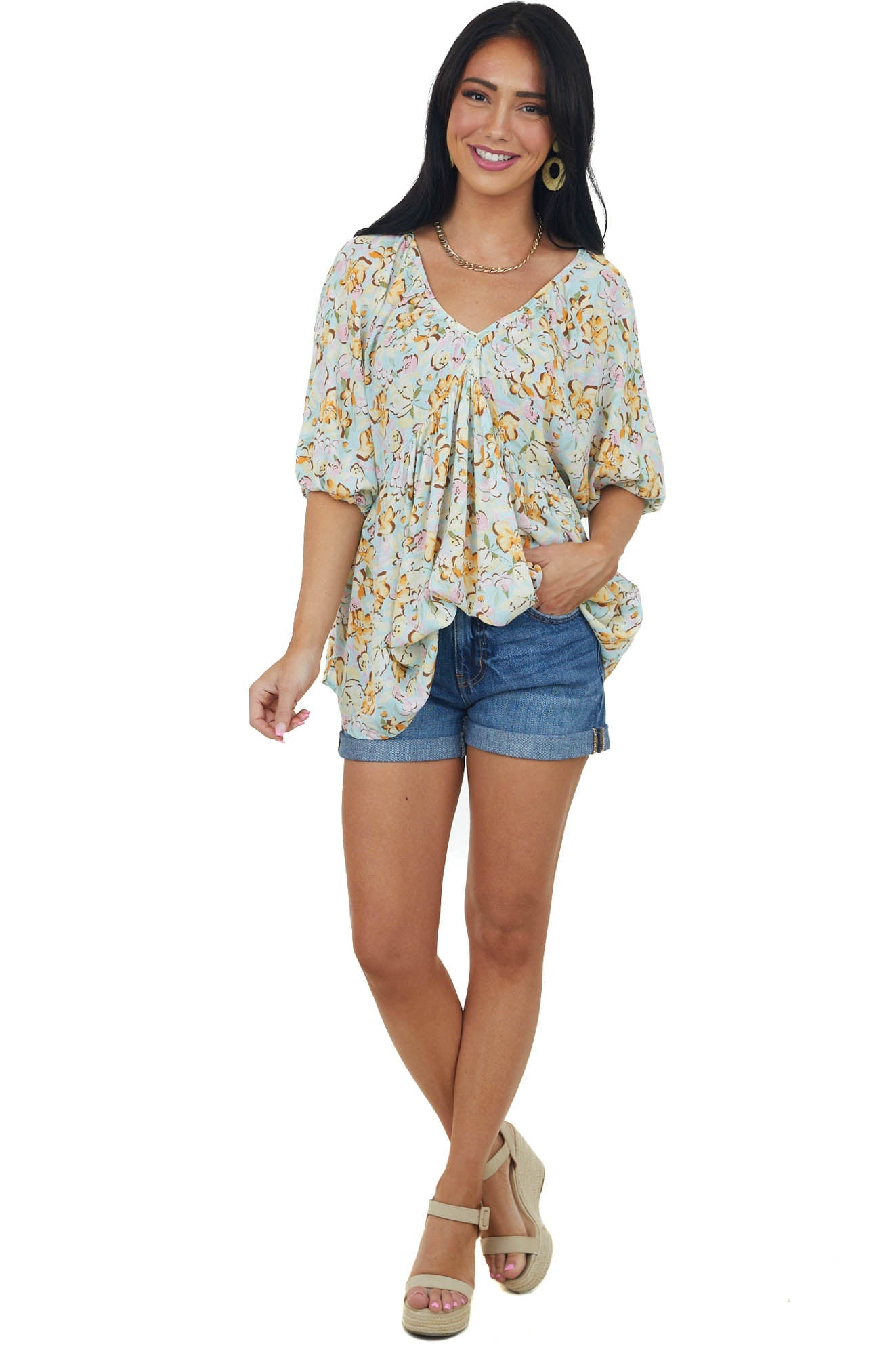 Baby Blue Floral Print V Neck Empire Waist Top