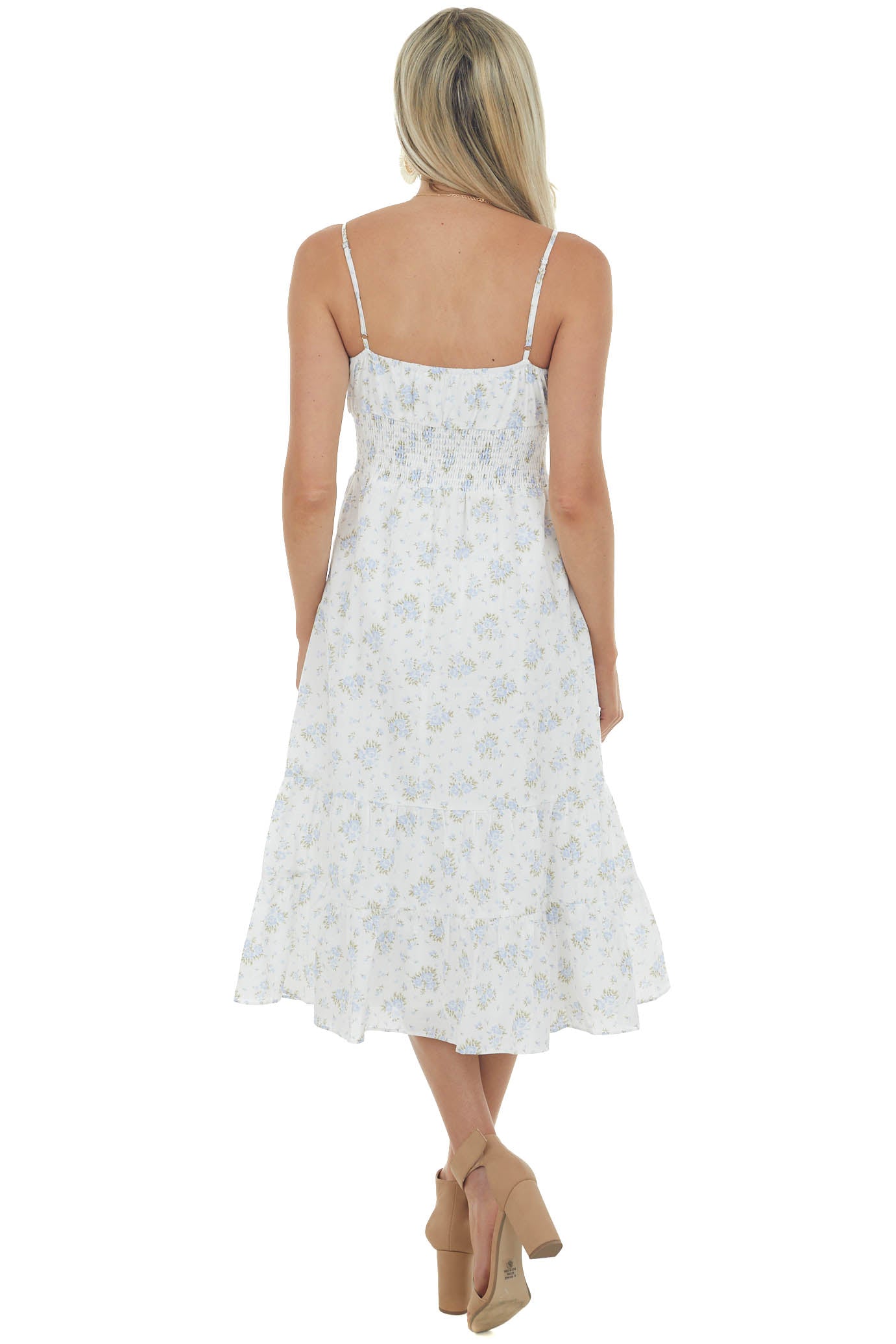 Baby Blue Floral Sleeveless Midi Tiered Dress