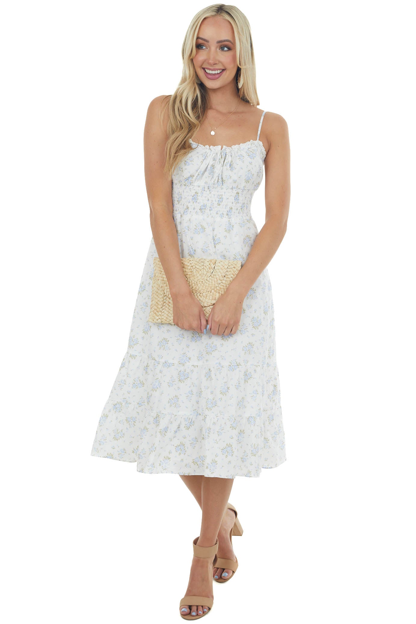 Baby Blue Floral Sleeveless Midi Tiered Dress