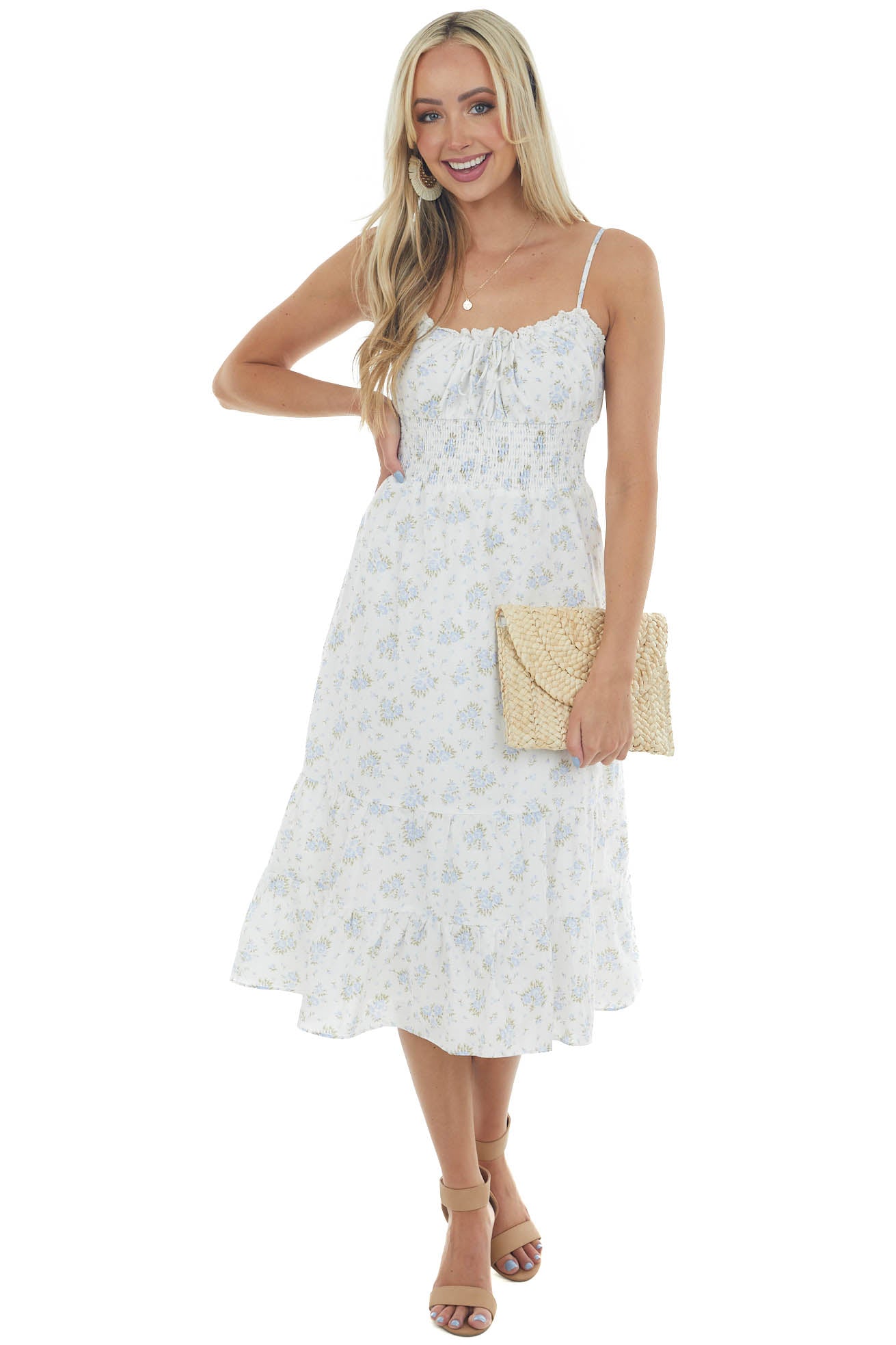 Baby Blue Floral Sleeveless Midi Tiered Dress
