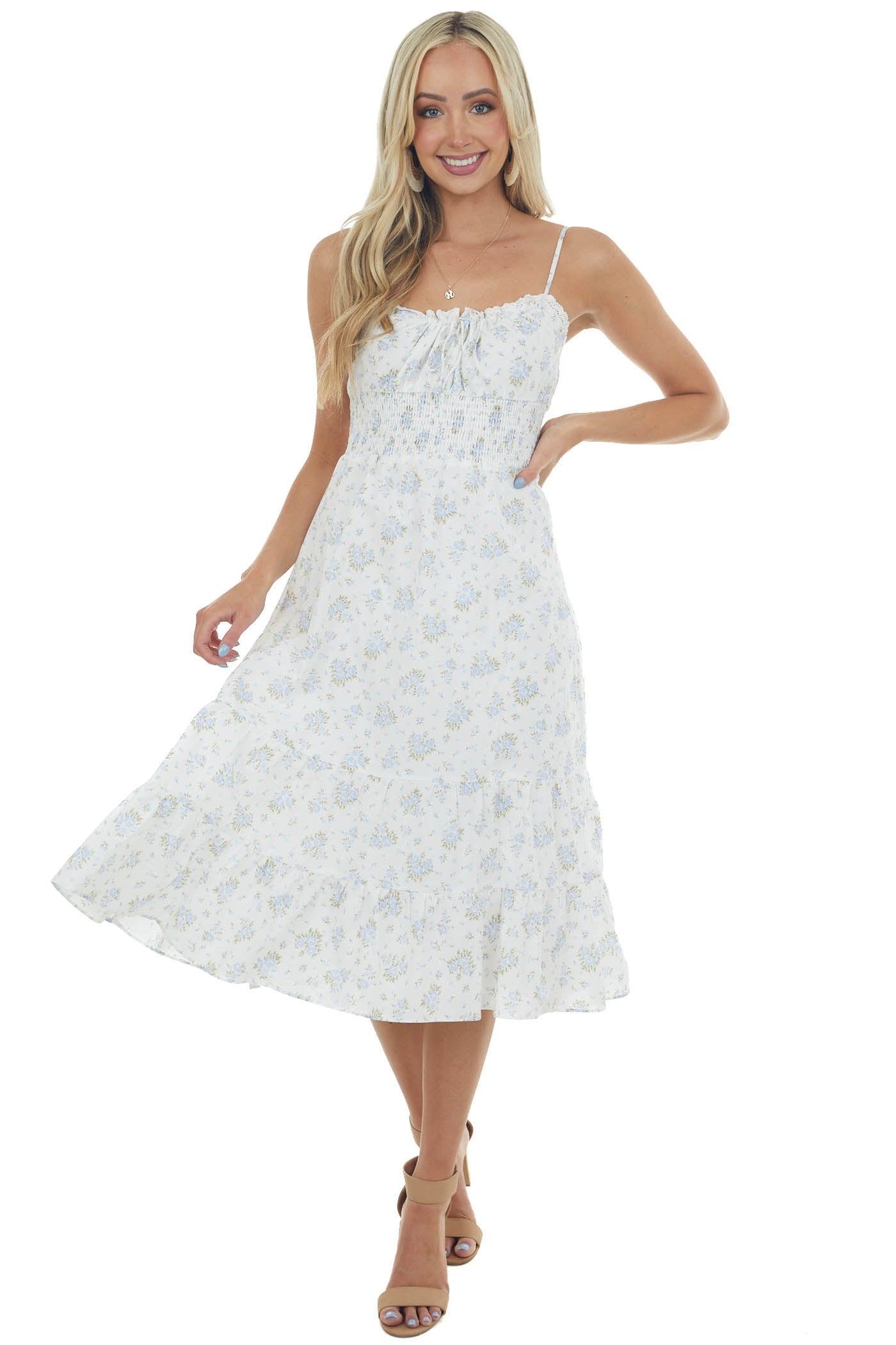 Baby Blue Floral Sleeveless Midi Tiered Dress