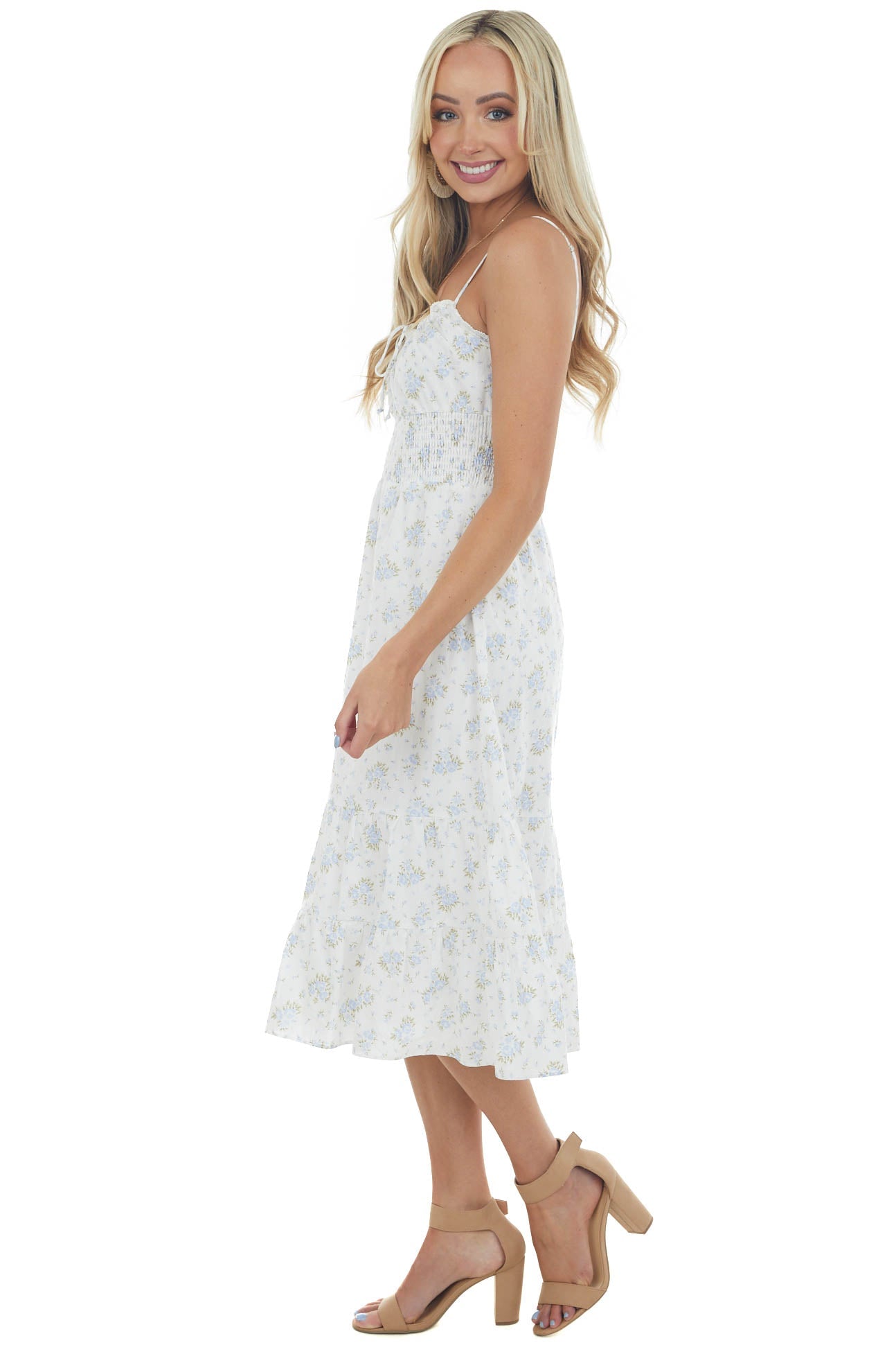 Baby Blue Floral Sleeveless Midi Tiered Dress