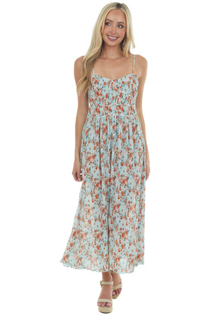 Baby Blue Floral Sleeveless Pleated Midi Dress