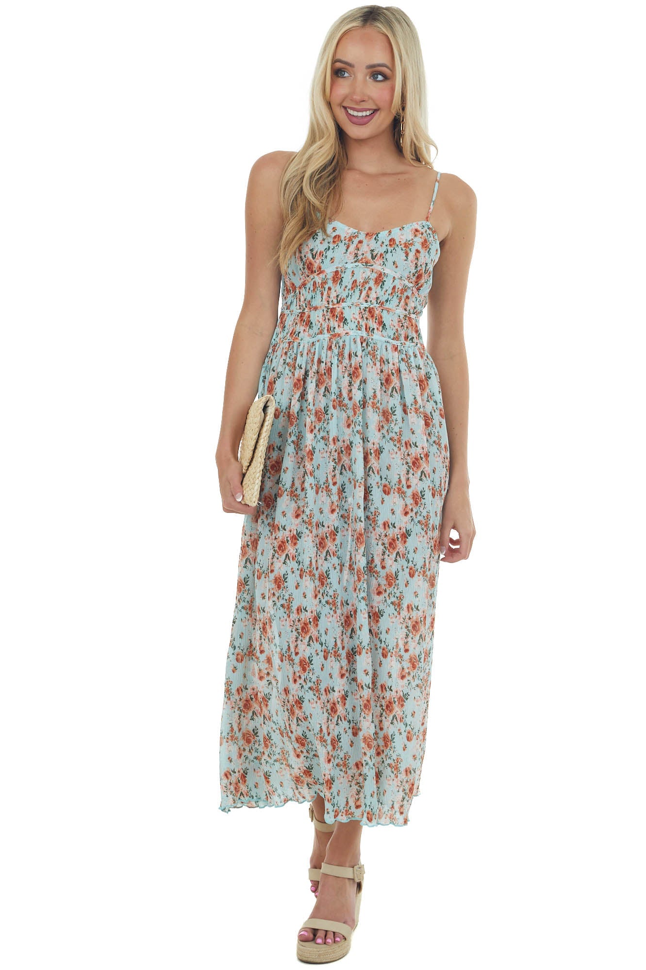 Baby Blue Floral Sleeveless Pleated Midi Dress