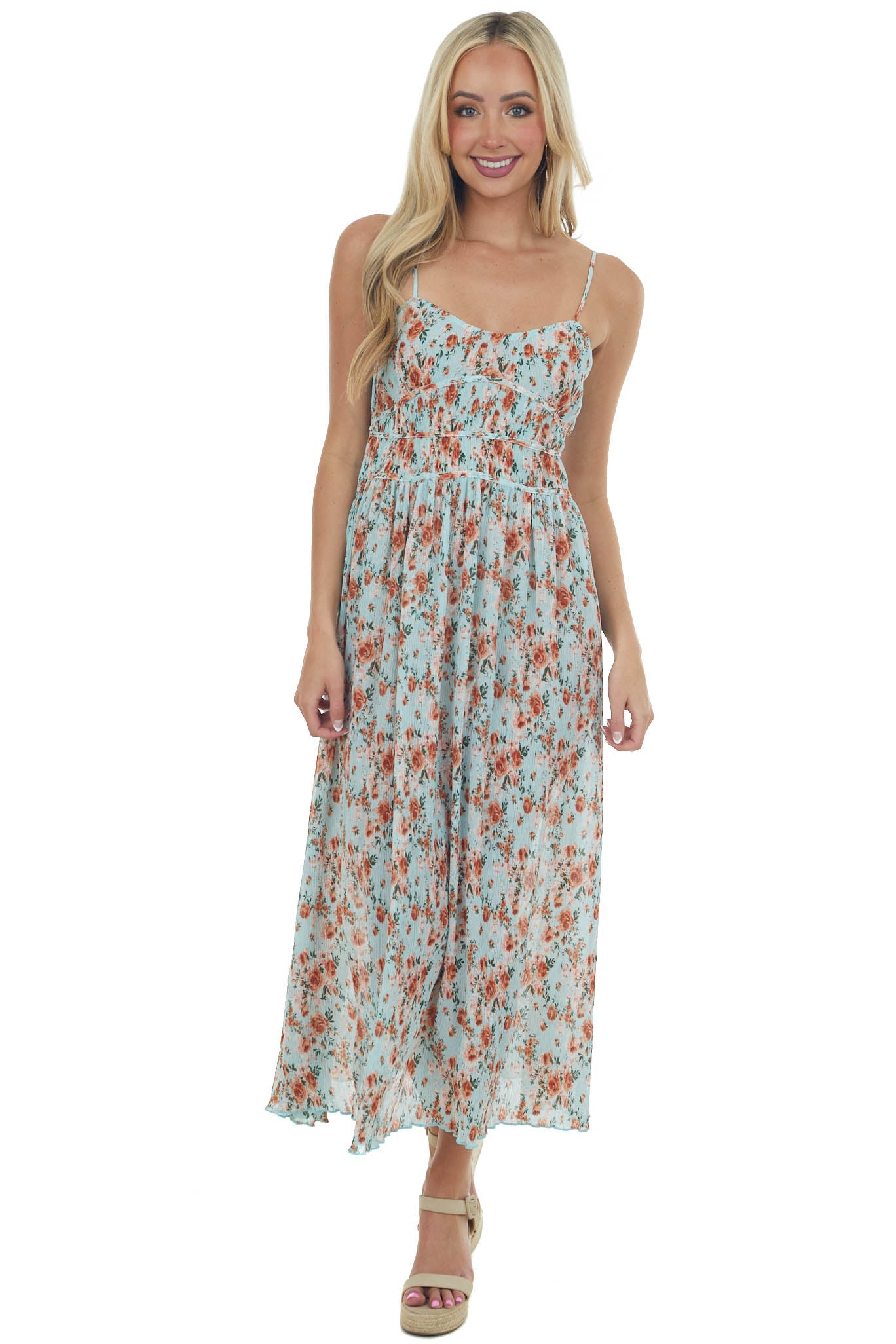 Baby Blue Floral Sleeveless Pleated Midi Dress