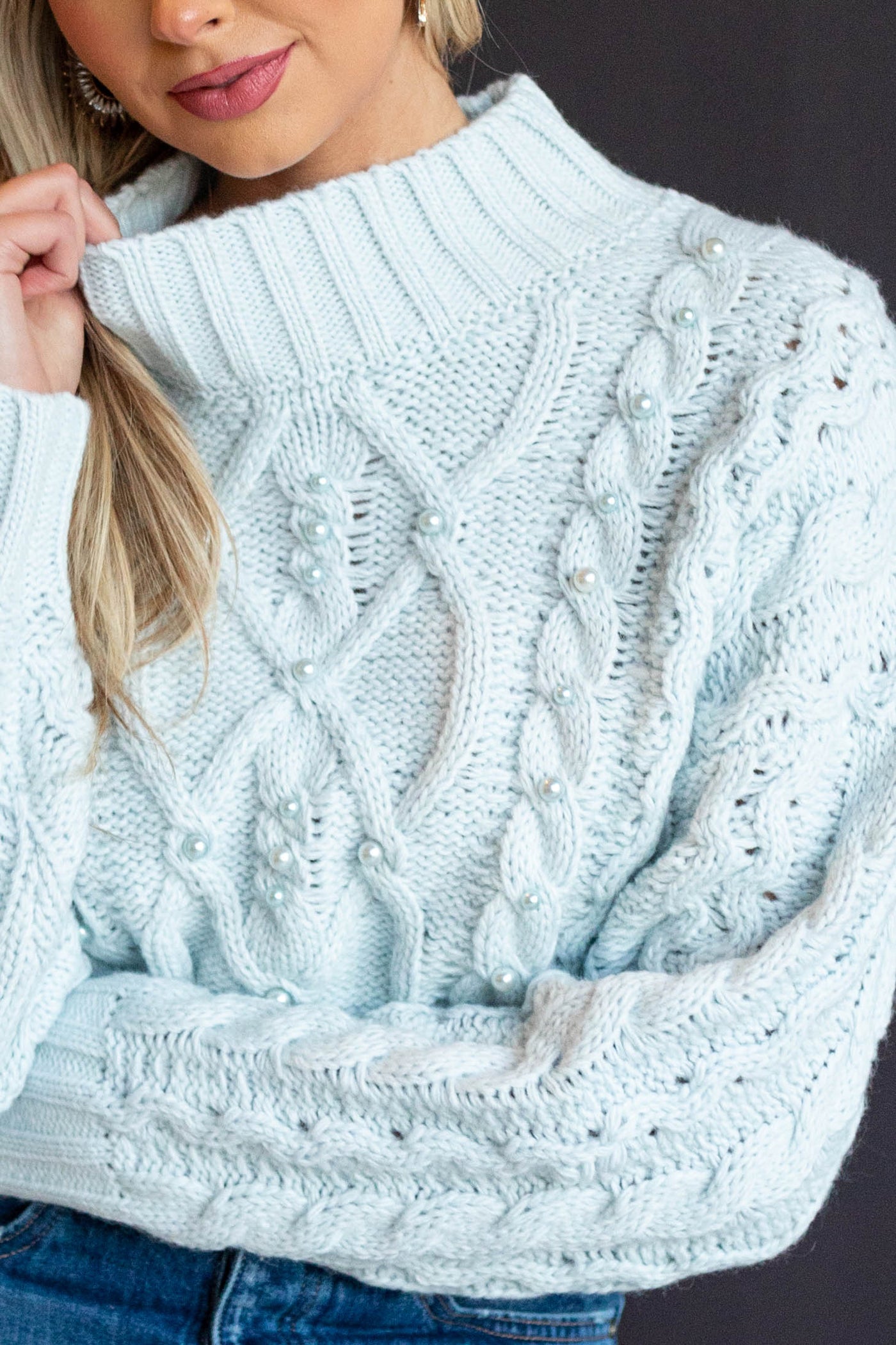 Baby Blue Pearl Embellished Cropped Sweater
