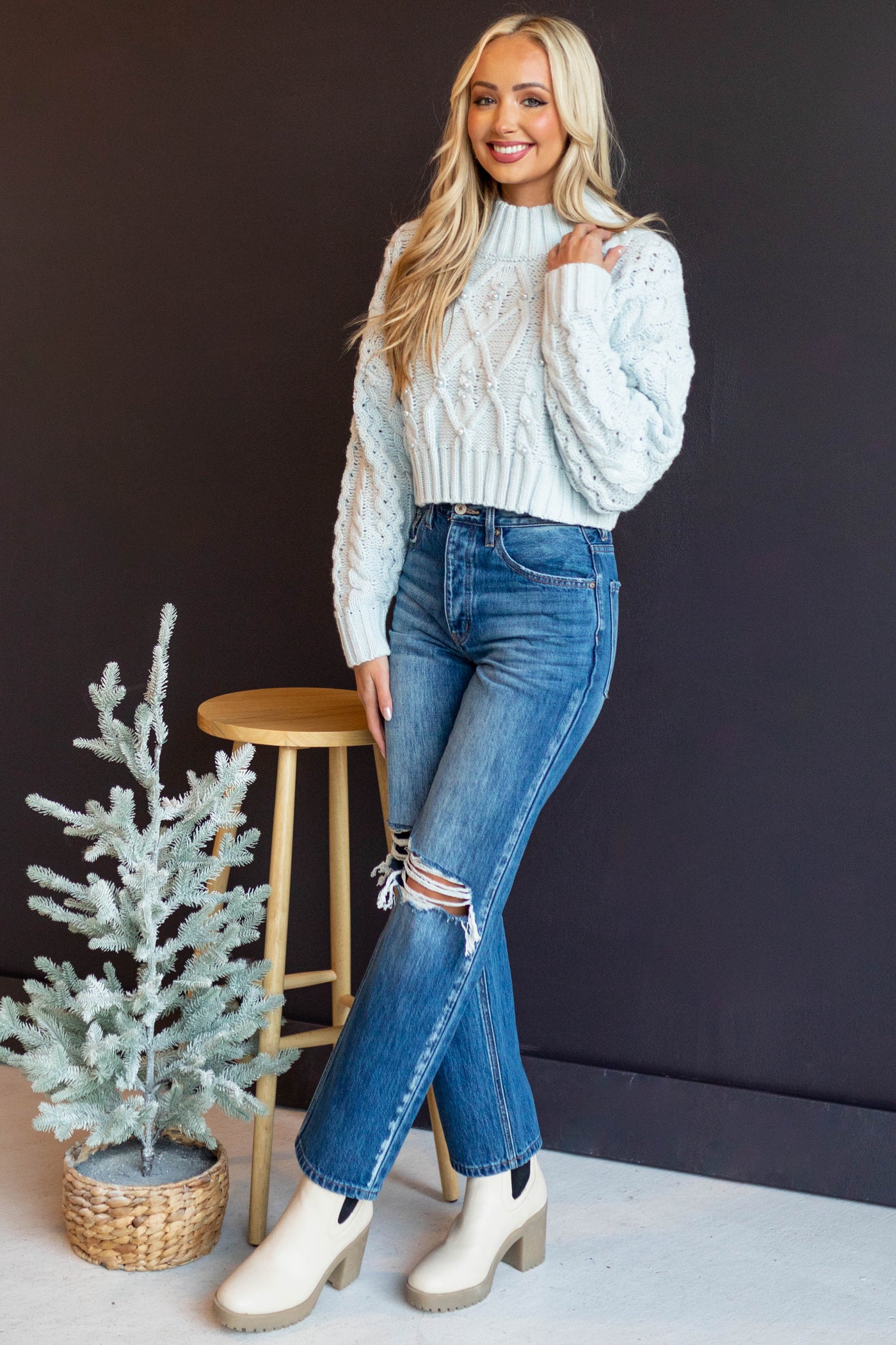 Baby Blue Pearl Embellished Cropped Sweater