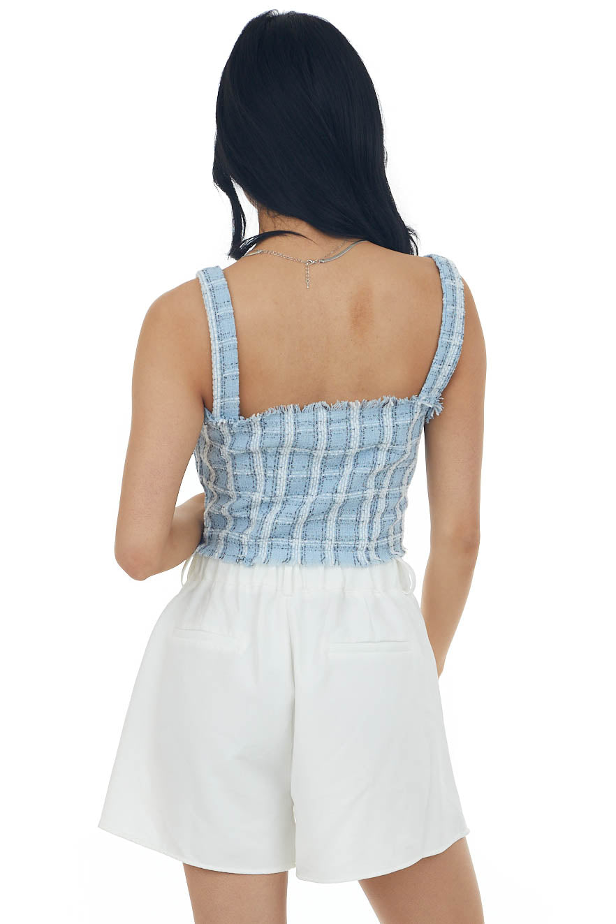 Baby Blue Plaid Metallic Raw Detail Tank Top