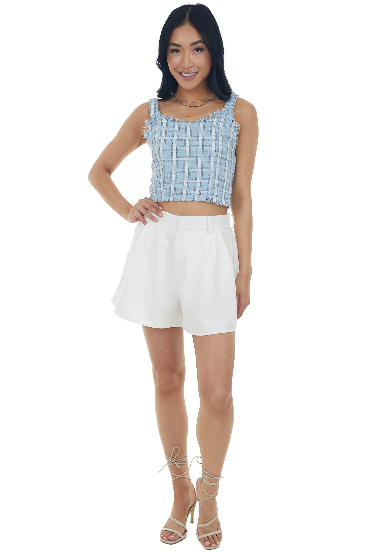 Baby Blue Plaid Metallic Raw Detail Tank Top