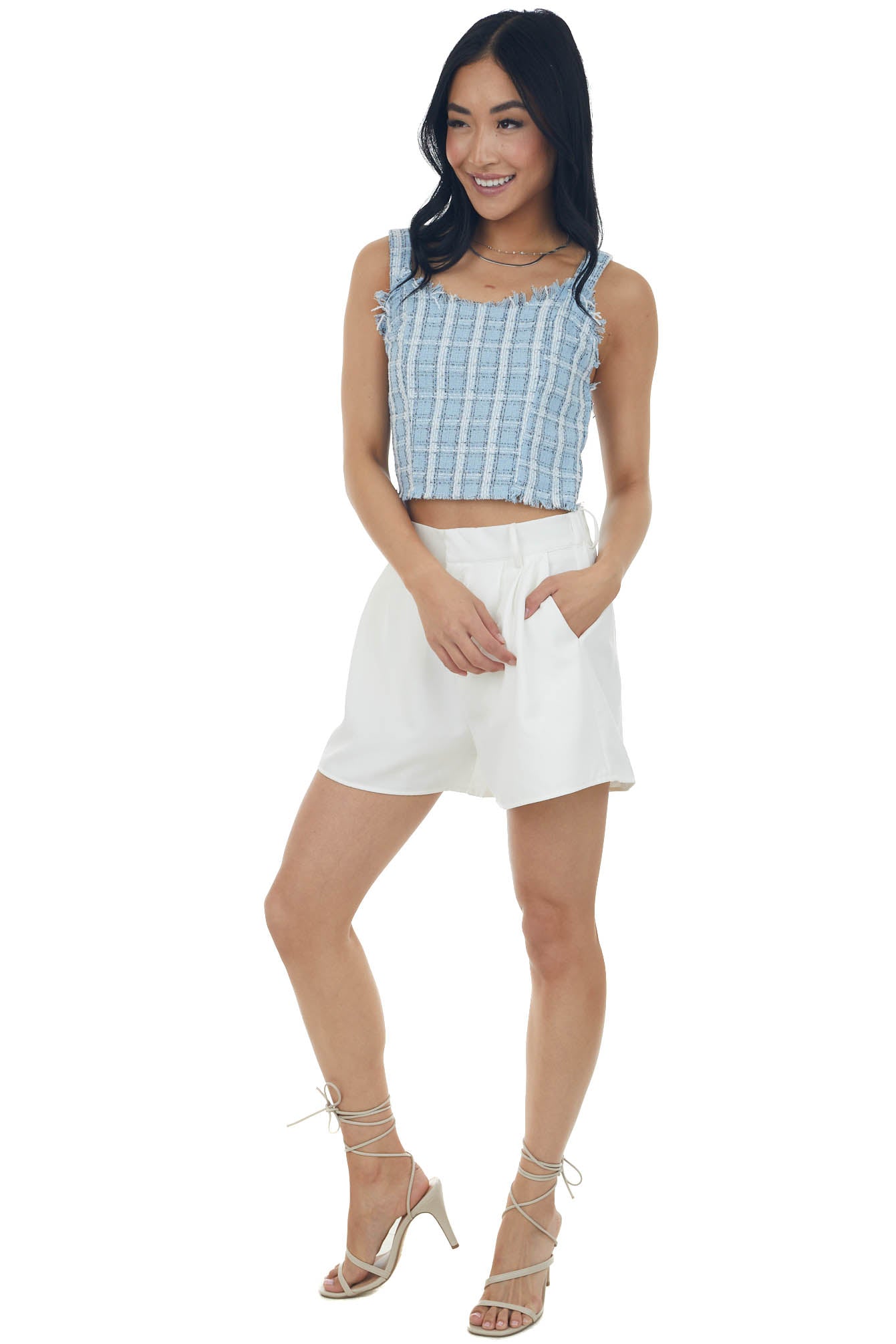 Baby Blue Plaid Metallic Raw Detail Tank Top