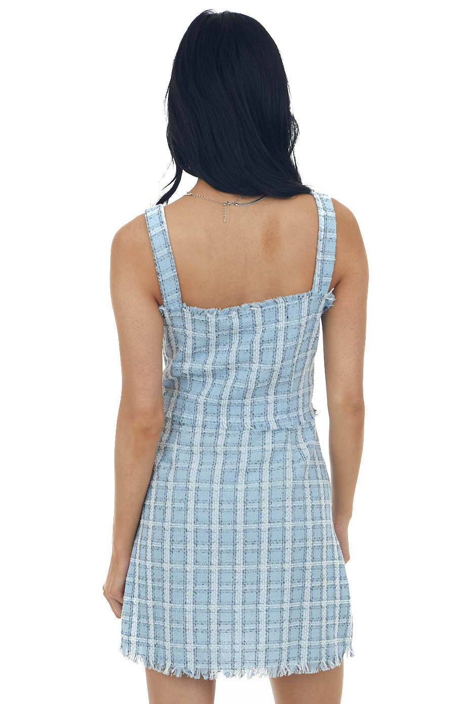 Baby Blue Plaid Metallic Threaded Woven Mini Dress