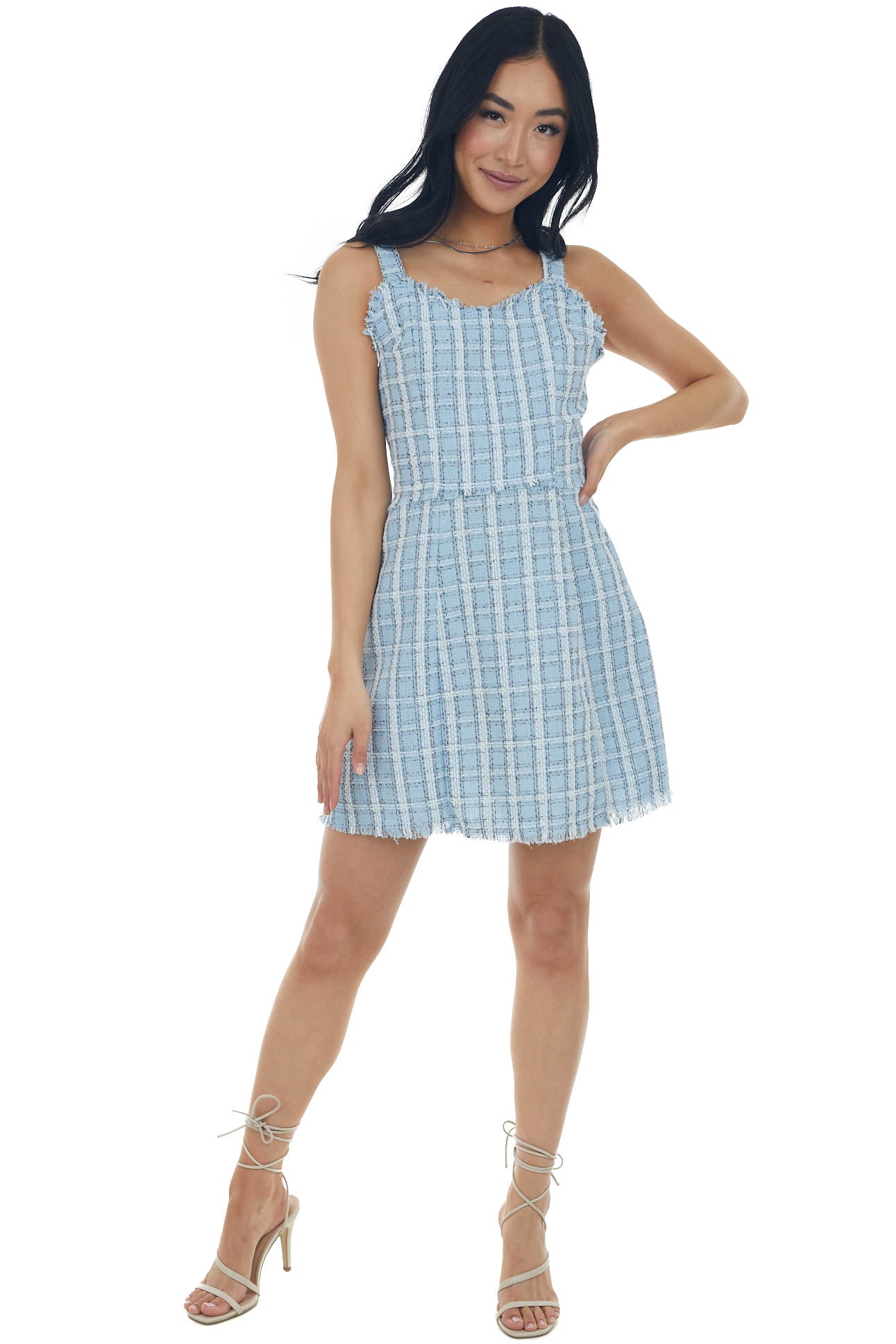 Baby Blue Plaid Metallic Threaded Woven Mini Dress