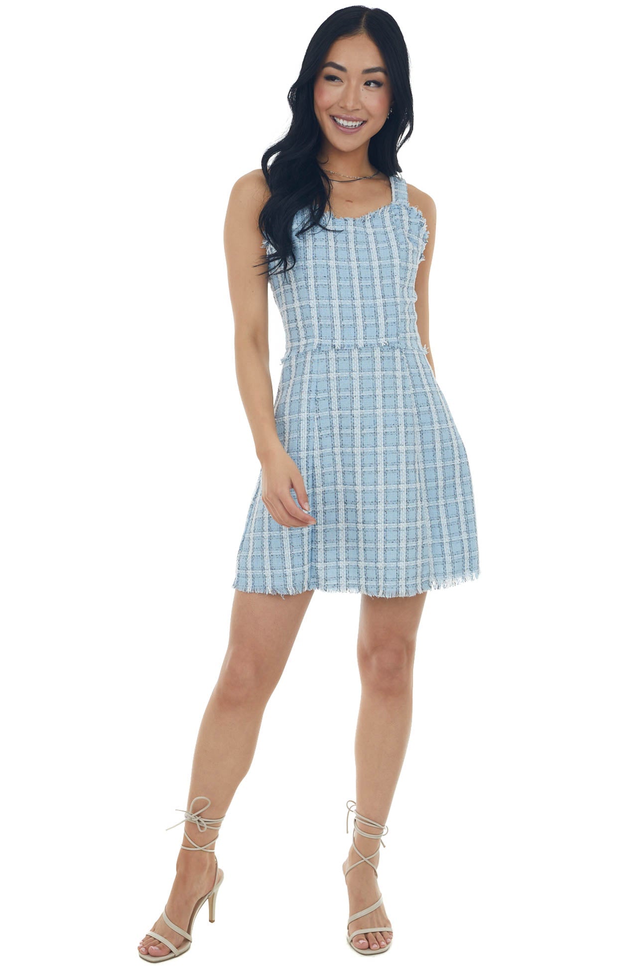 Baby Blue Plaid Metallic Threaded Woven Mini Dress
