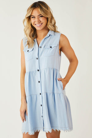 Baby Blue Washed Button Down Frayed Hem Dress