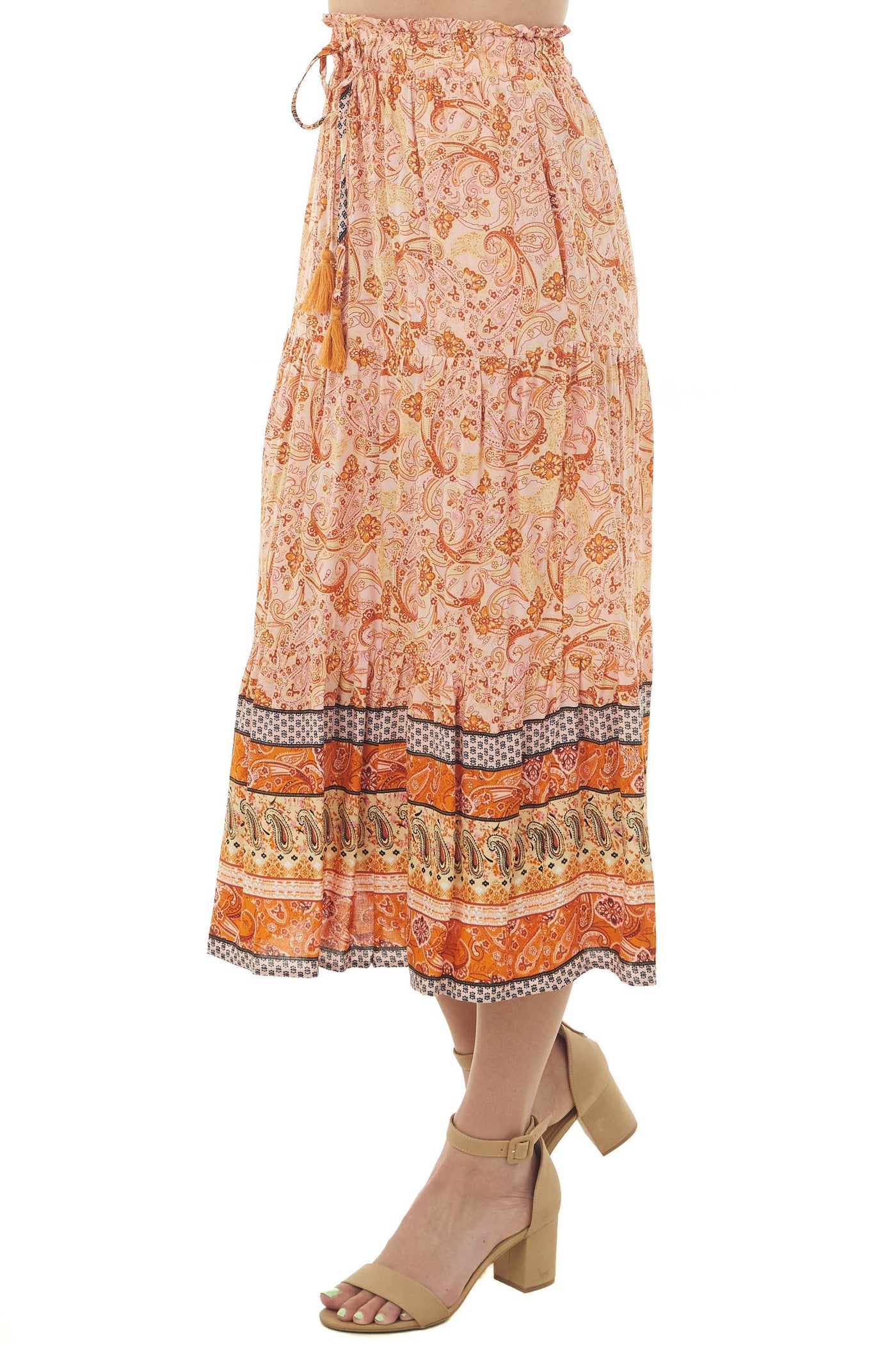 Baby Pink Border Print Tiered Woven Midi Skirt