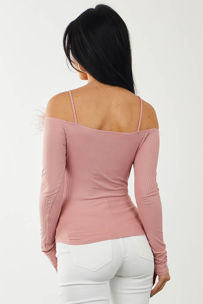 Baby Pink Feather Trim Cold Shoulder Ribbed Top