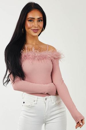 Baby Pink Feather Trim Cold Shoulder Ribbed Top