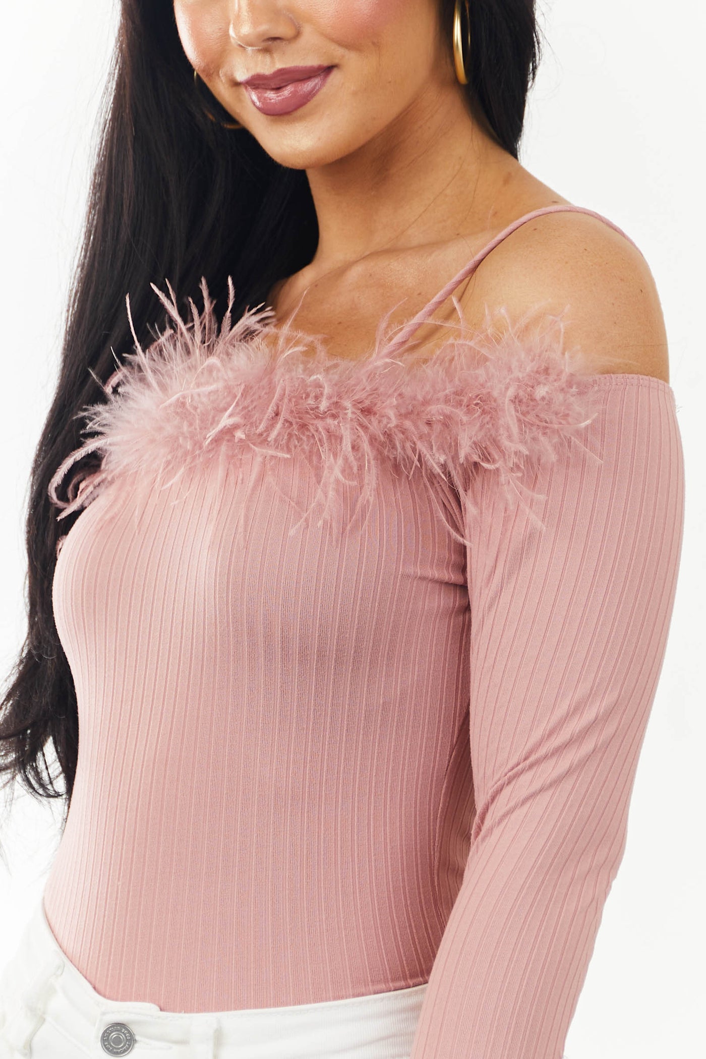 Baby Pink Feather Trim Cold Shoulder Ribbed Top