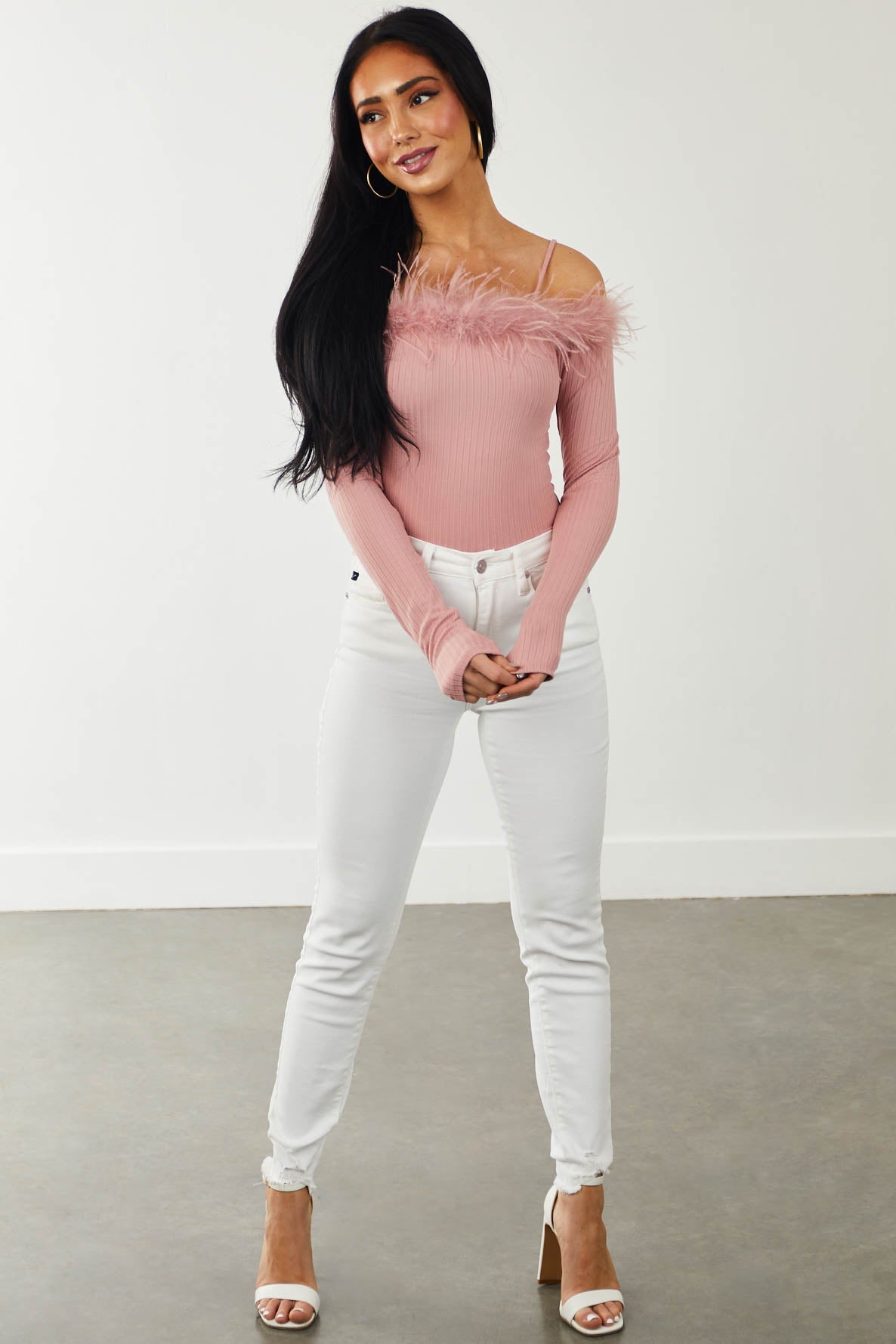 Baby Pink Feather Trim Cold Shoulder Ribbed Top