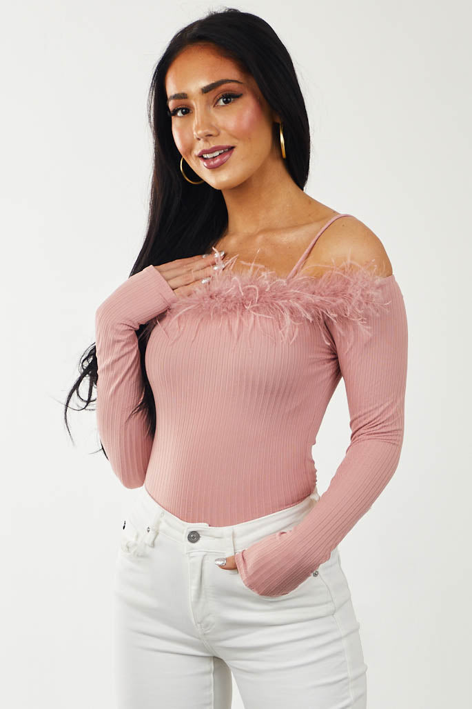 Baby Pink Feather Trim Cold Shoulder Ribbed Top