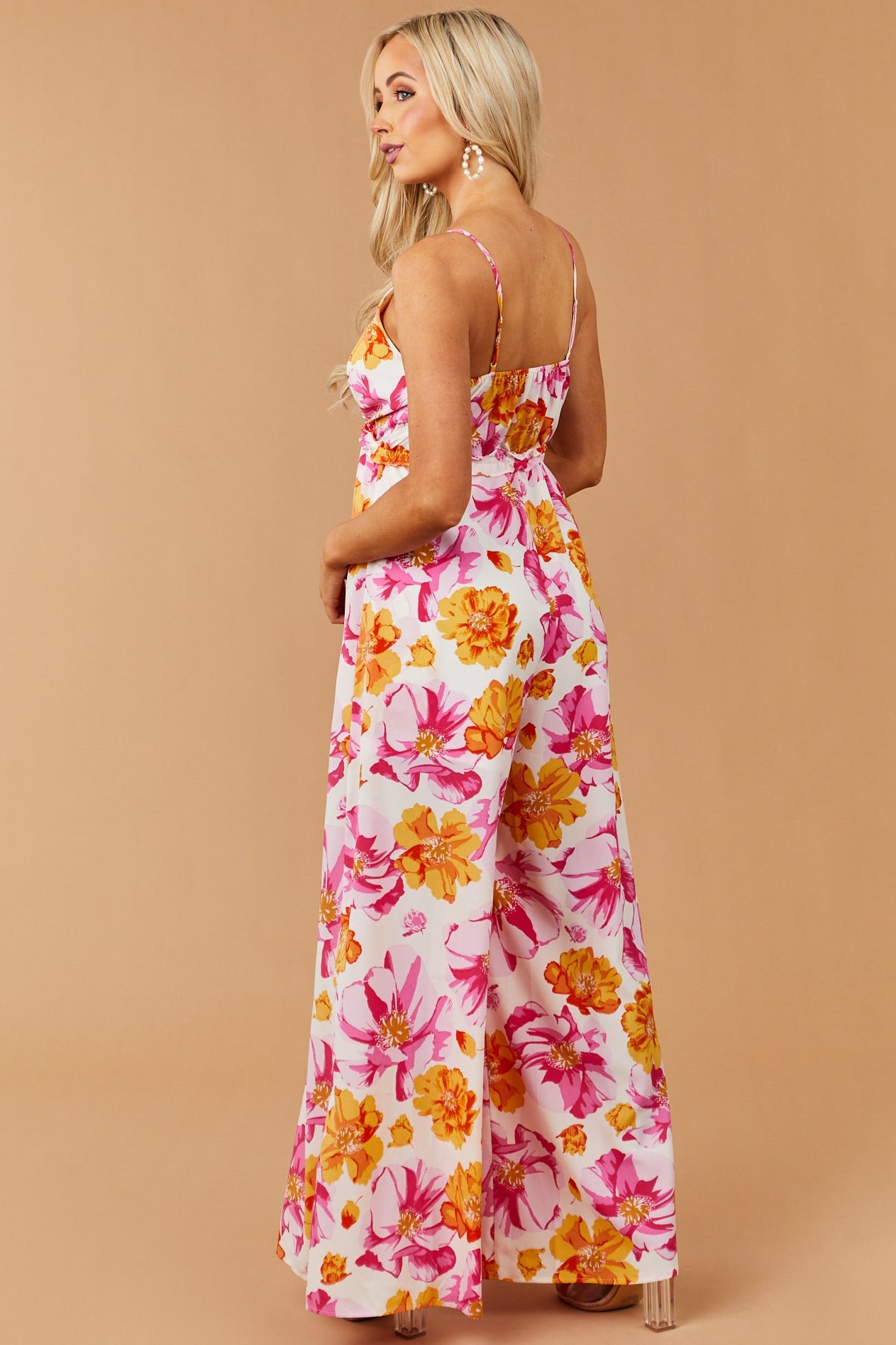 Baby Pink Floral Print V Neck Jumpsuit