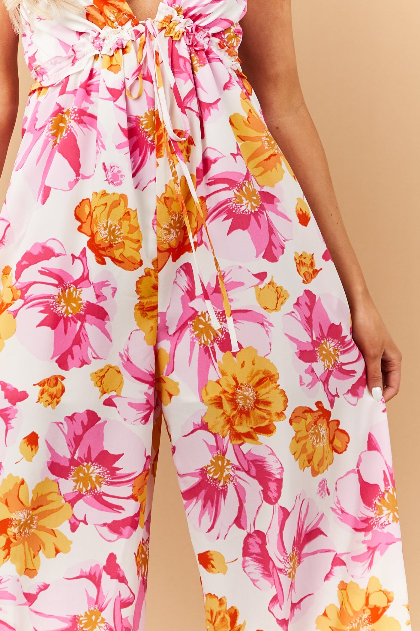 Baby Pink Floral Print V Neck Jumpsuit