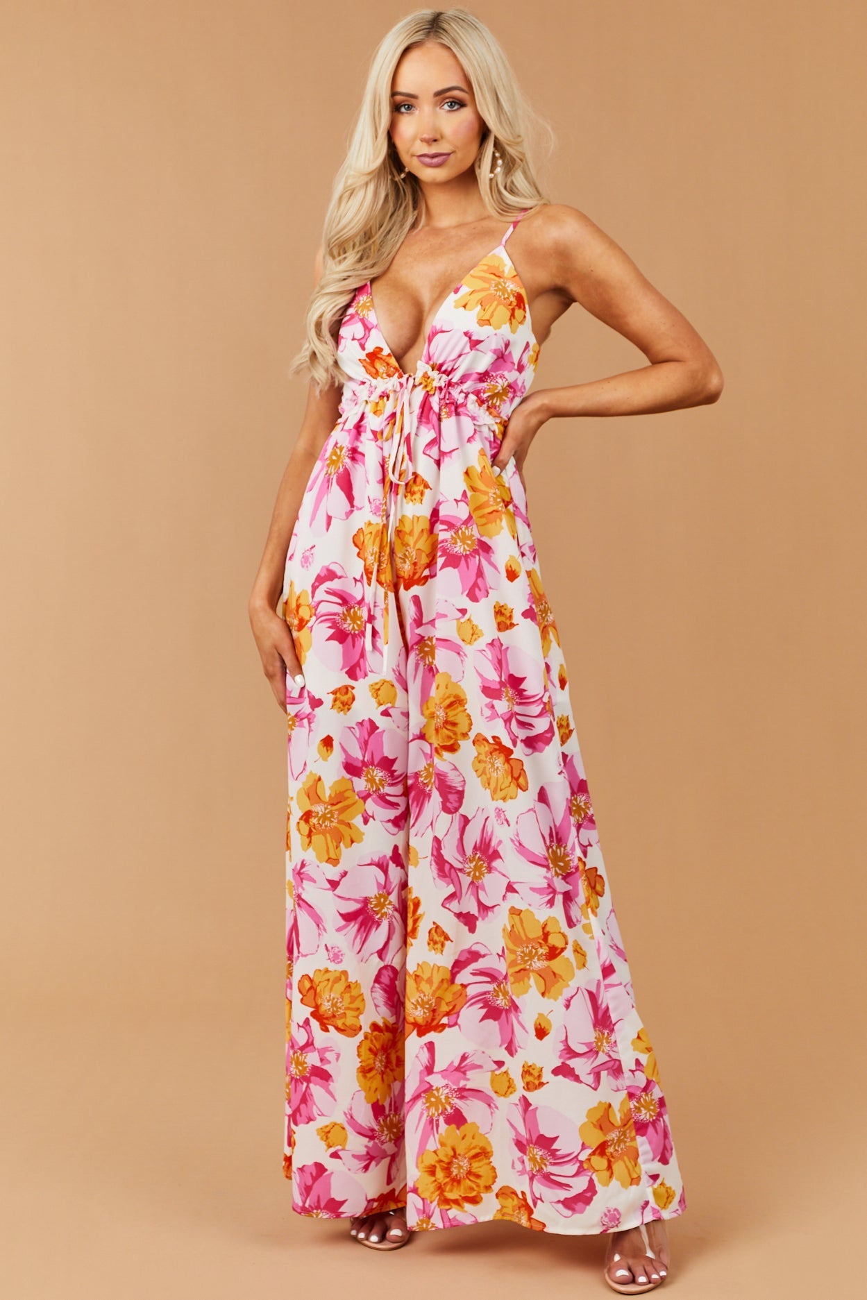 Baby Pink Floral Print V Neck Jumpsuit