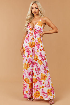 Baby Pink Floral Print V Neck Jumpsuit