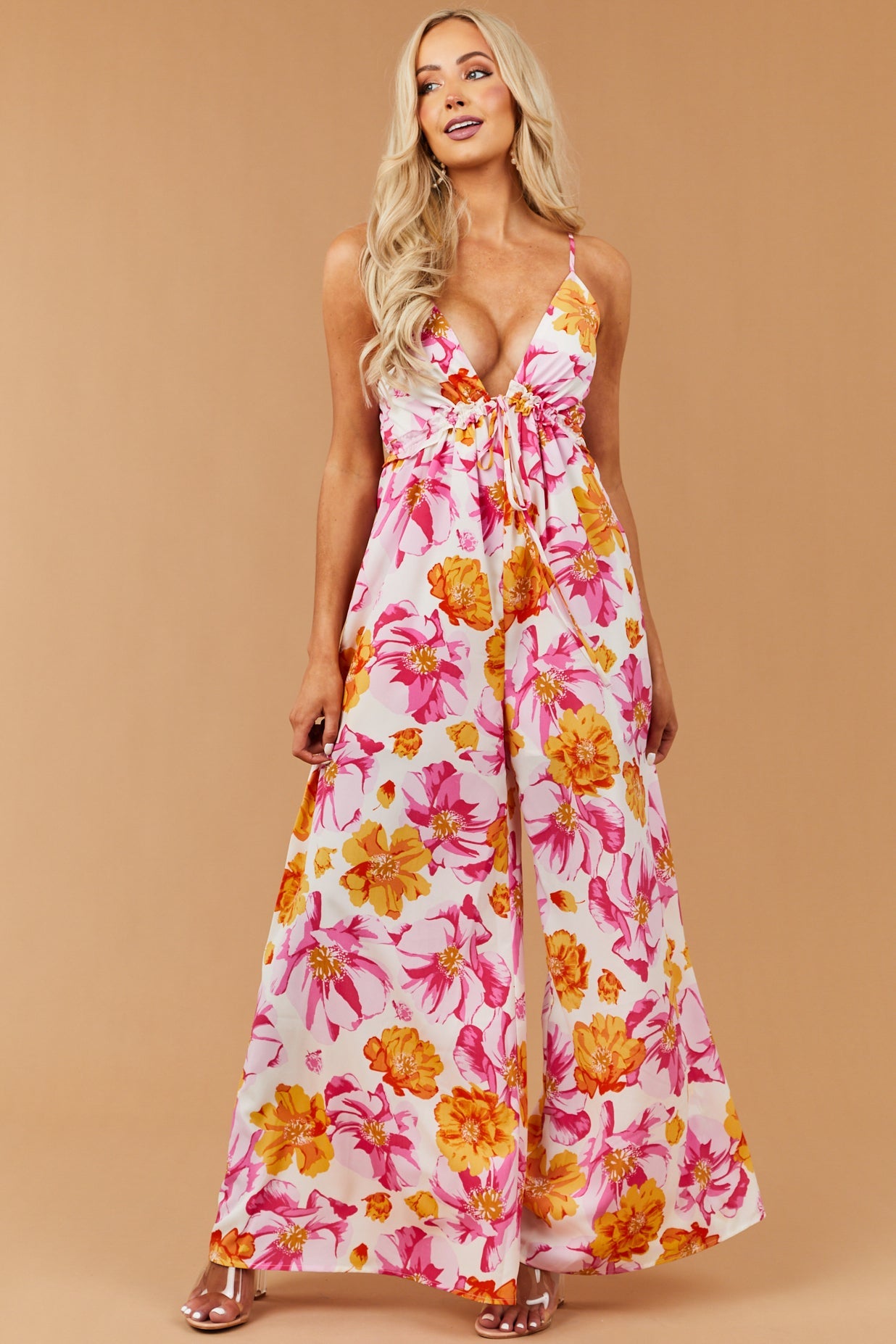 Baby Pink Floral Print V Neck Jumpsuit