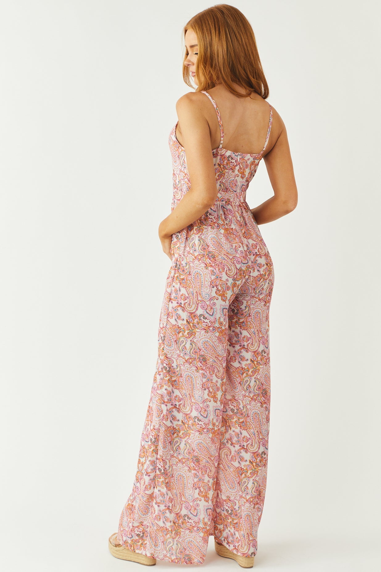 Baby Pink Paisley Metal Ring Cut Out Jumpsuit