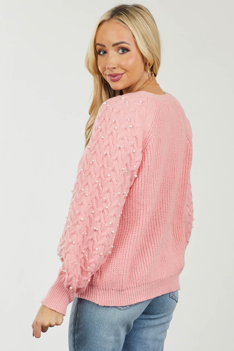 Baby Pink Pearl Embellished Bubble Sleeve Cardigan