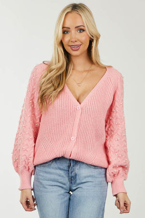 Baby Pink Pearl Embellished Bubble Sleeve Cardigan