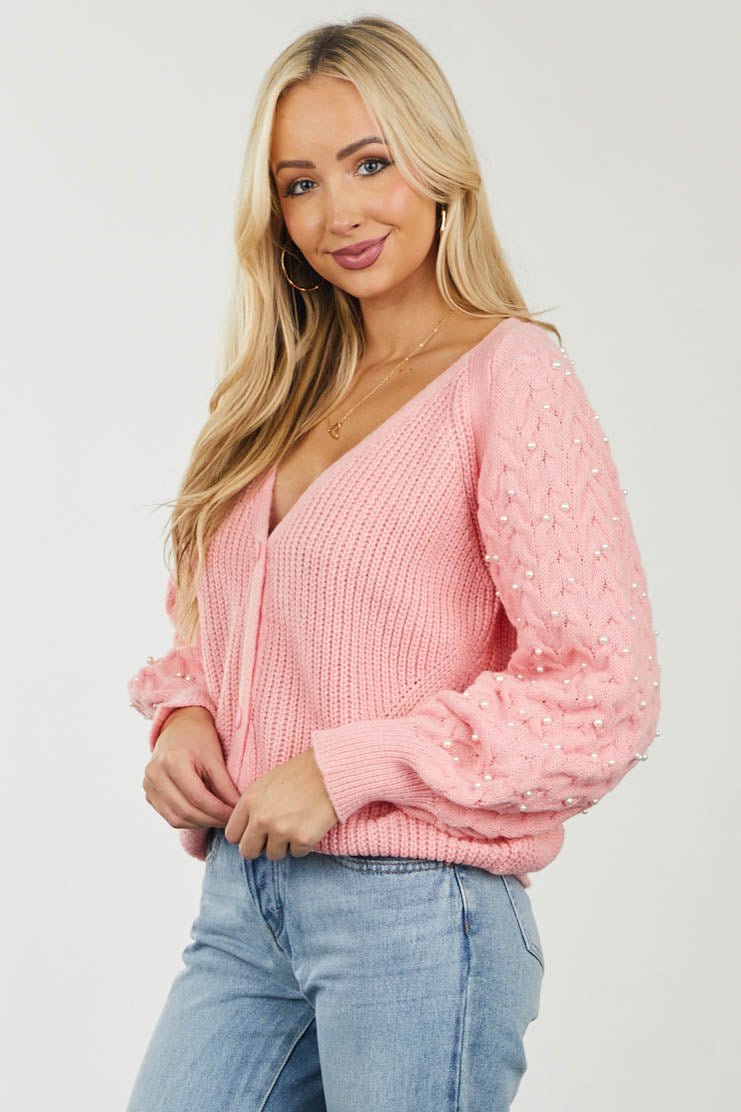Baby Pink Pearl Embellished Bubble Sleeve Cardigan