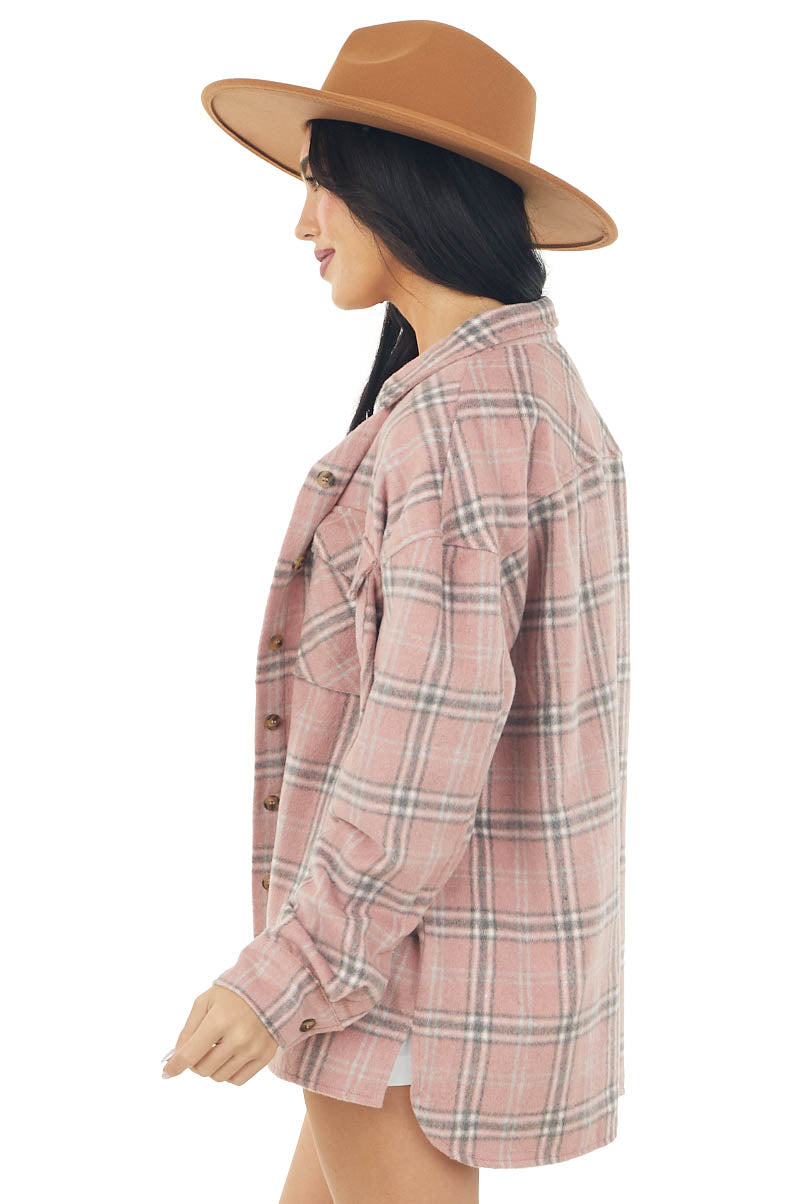 Baby Pink Plaid Soft Fleece Light Shacket