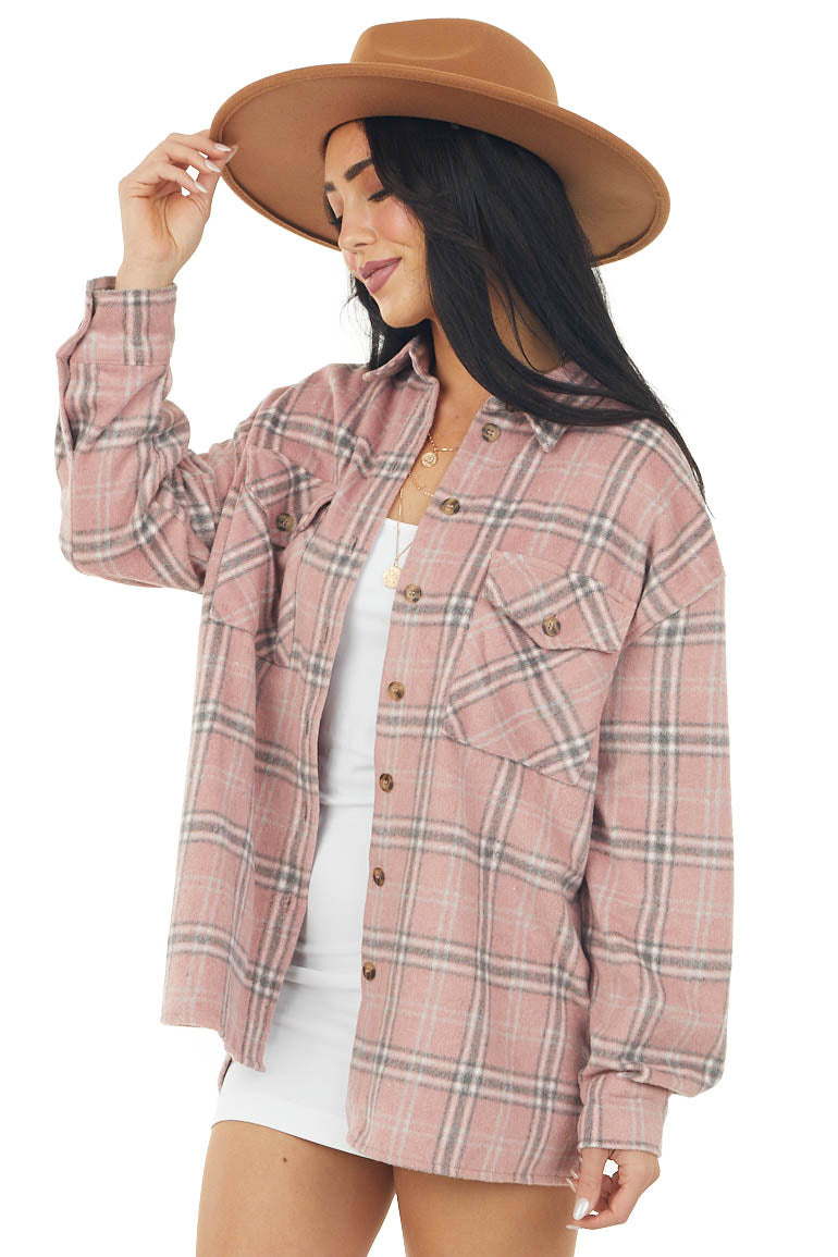 Baby Pink Plaid Soft Fleece Light Shacket