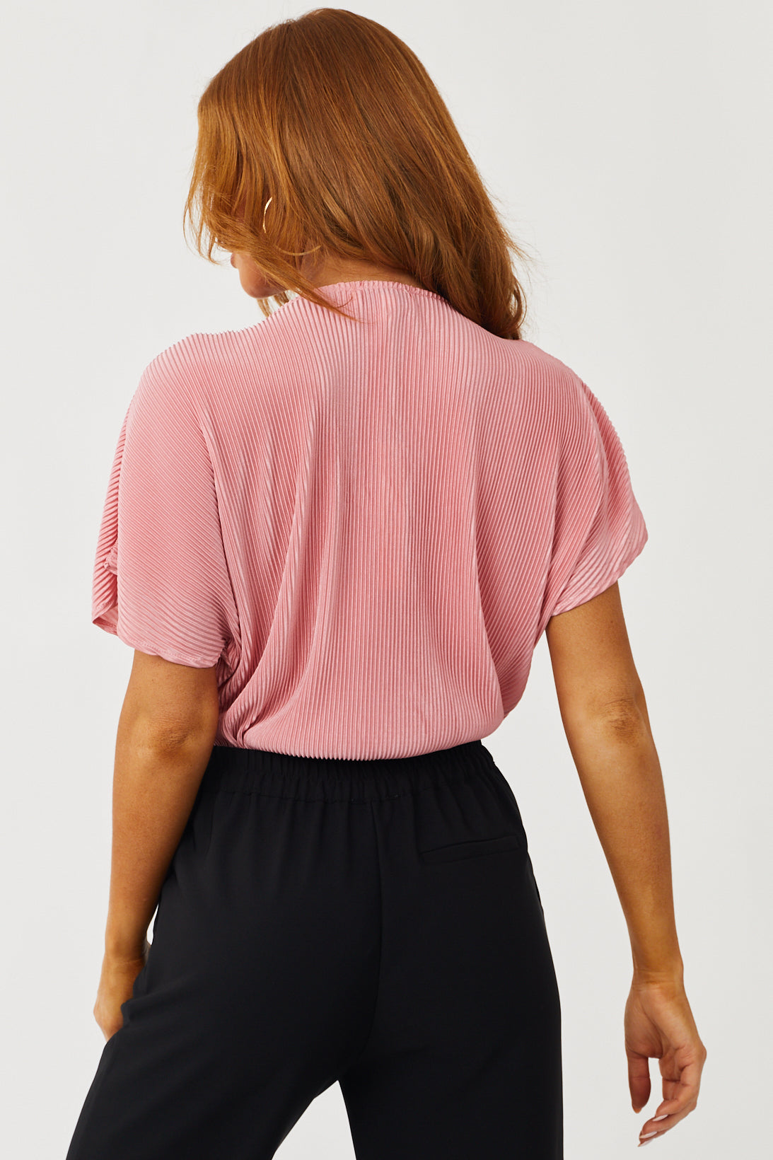 Baby Pink Pleated Satin Kimono Sleeve Bodysuit