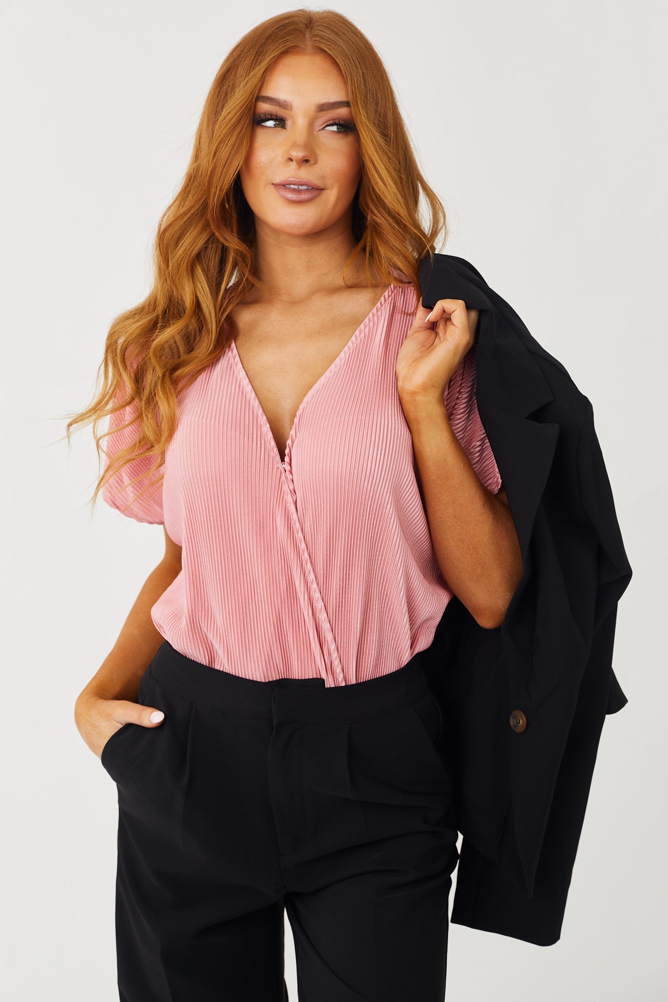 Baby Pink Pleated Satin Kimono Sleeve Bodysuit