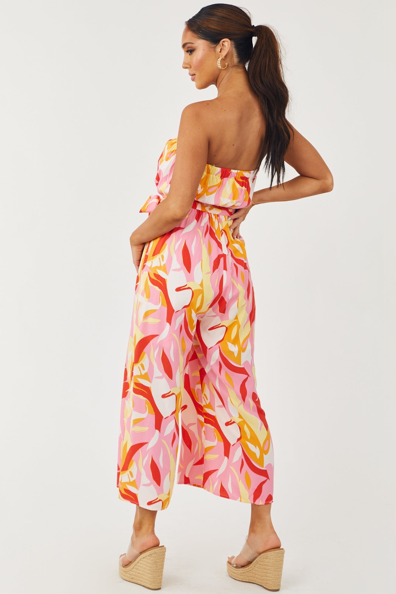Baby Pink Printed Strapless Waist Tie Jumpsuit