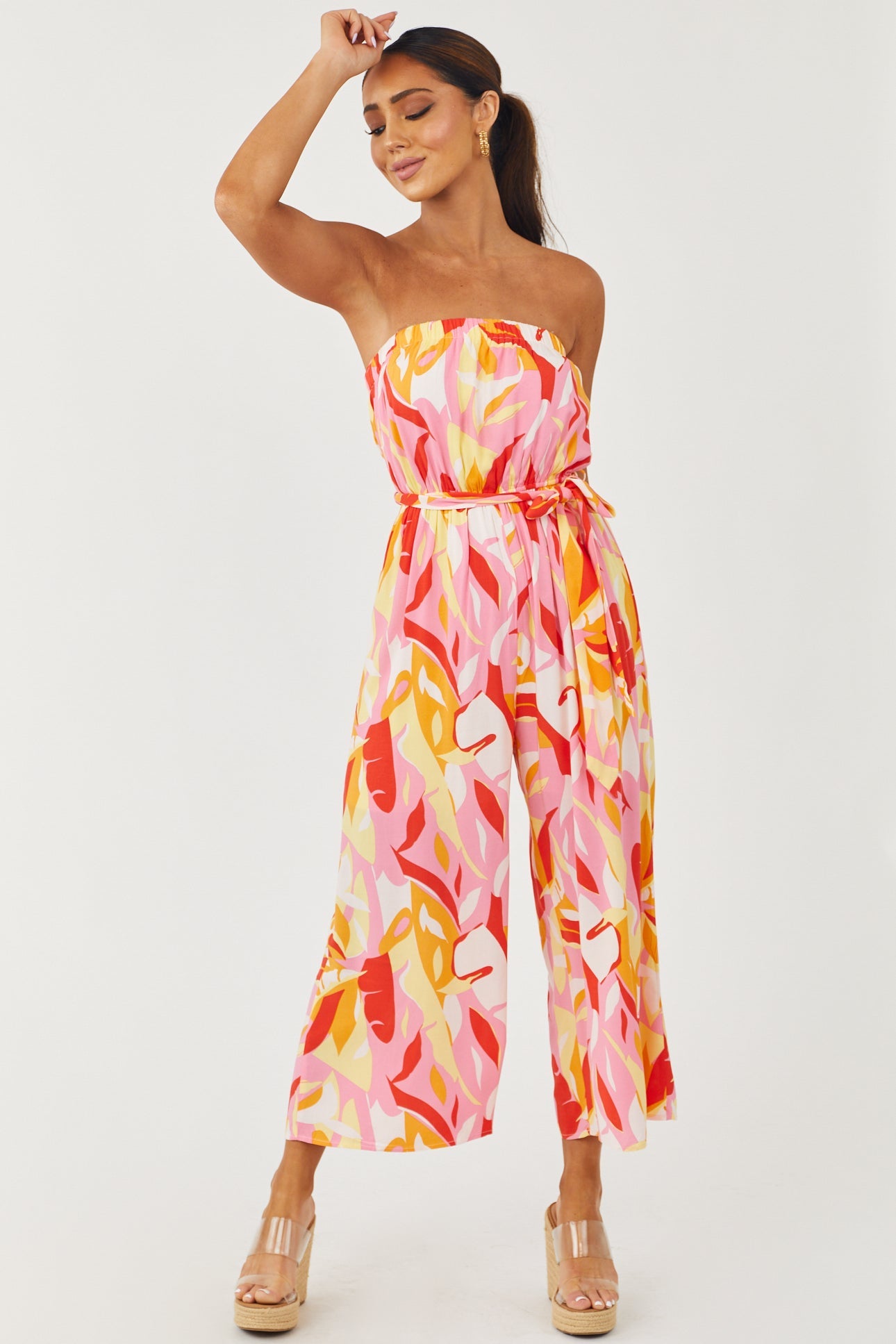 Baby Pink Printed Strapless Waist Tie Jumpsuit