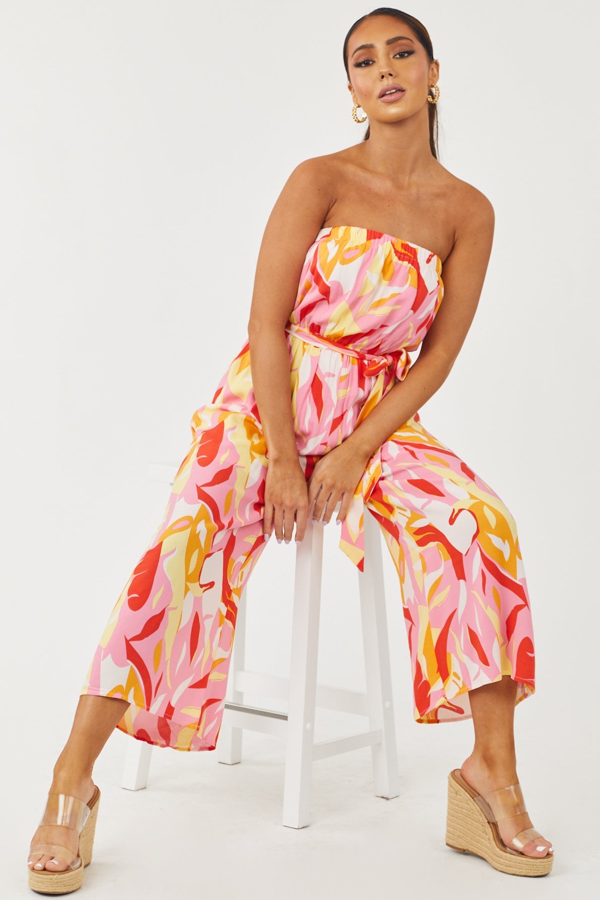 Baby Pink Printed Strapless Waist Tie Jumpsuit