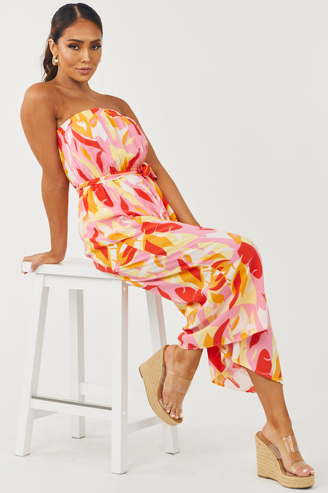 Baby Pink Printed Strapless Waist Tie Jumpsuit